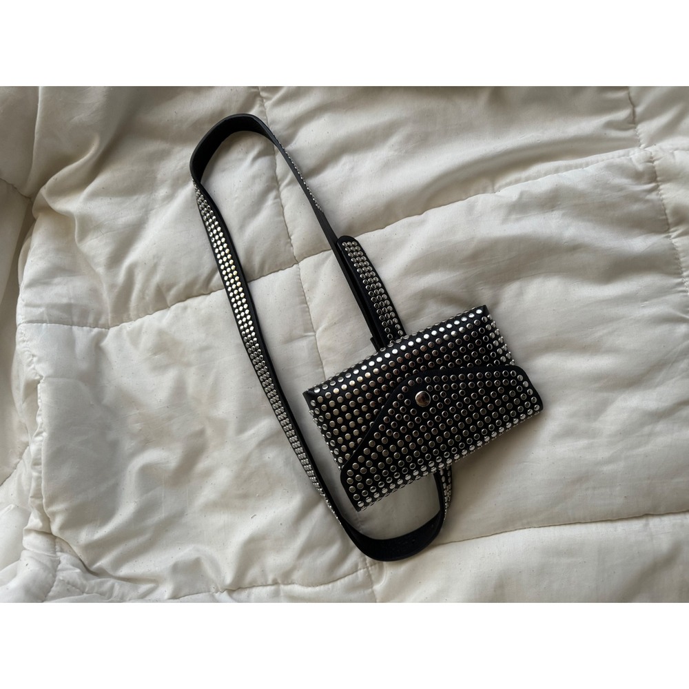 Black Faux Leather Silver Studded Waist Pack Belt‎ Bag